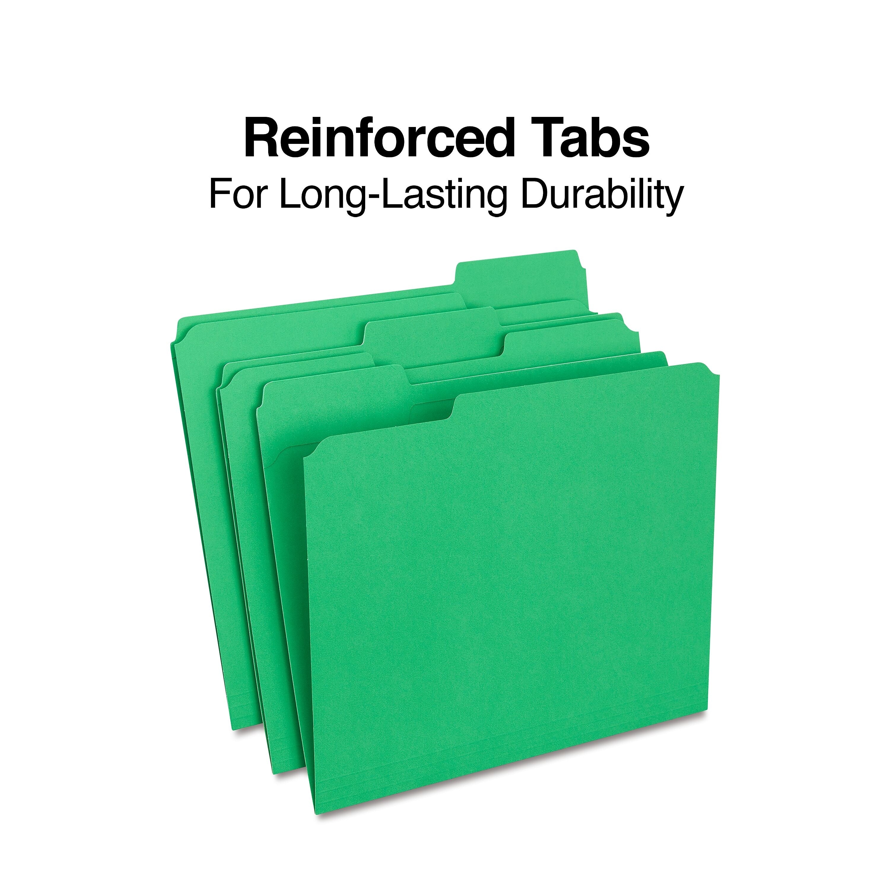 Staples Reinforced File Folders, 1/3-Cut Tab, Letter Size, Green, 100/Box