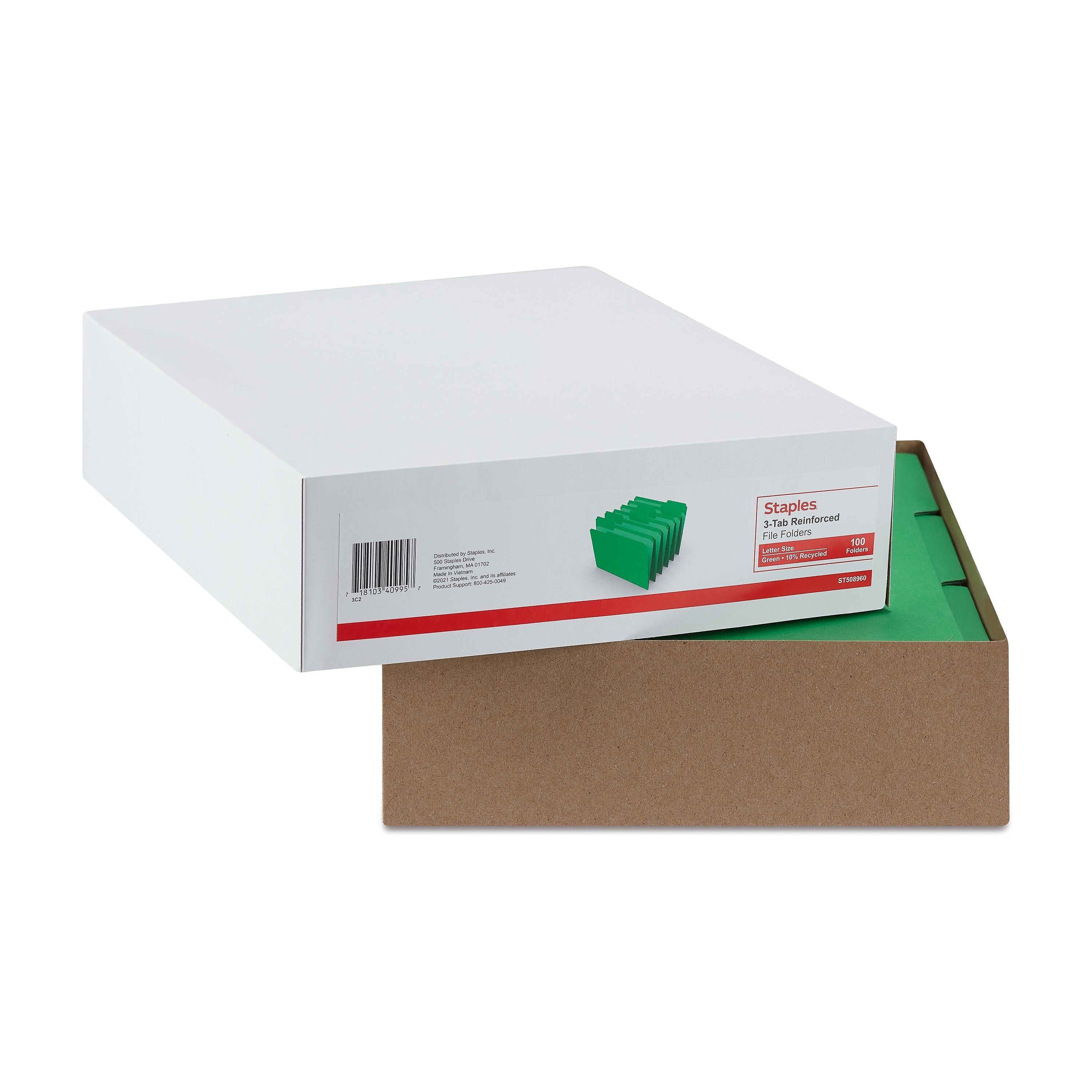 Staples Reinforced File Folders, 1/3-Cut Tab, Letter Size, Green, 100/Box