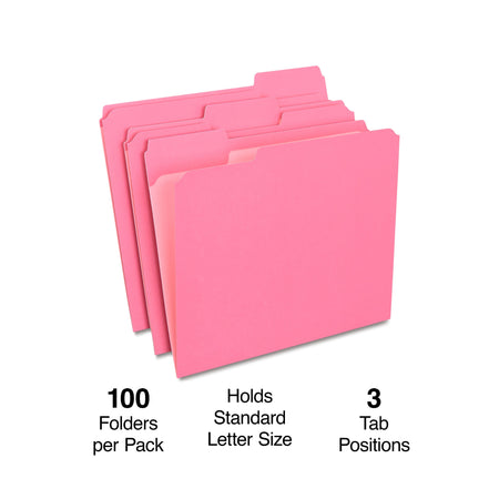 Staples Reinforced File Folders, 1/3-Cut Tab, Letter Size, Pink, 100/Box