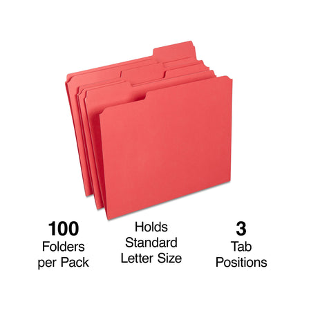 Staples Reinforced File Folders, 1/3-Cut Tab, Letter Size, Red, 100/Box