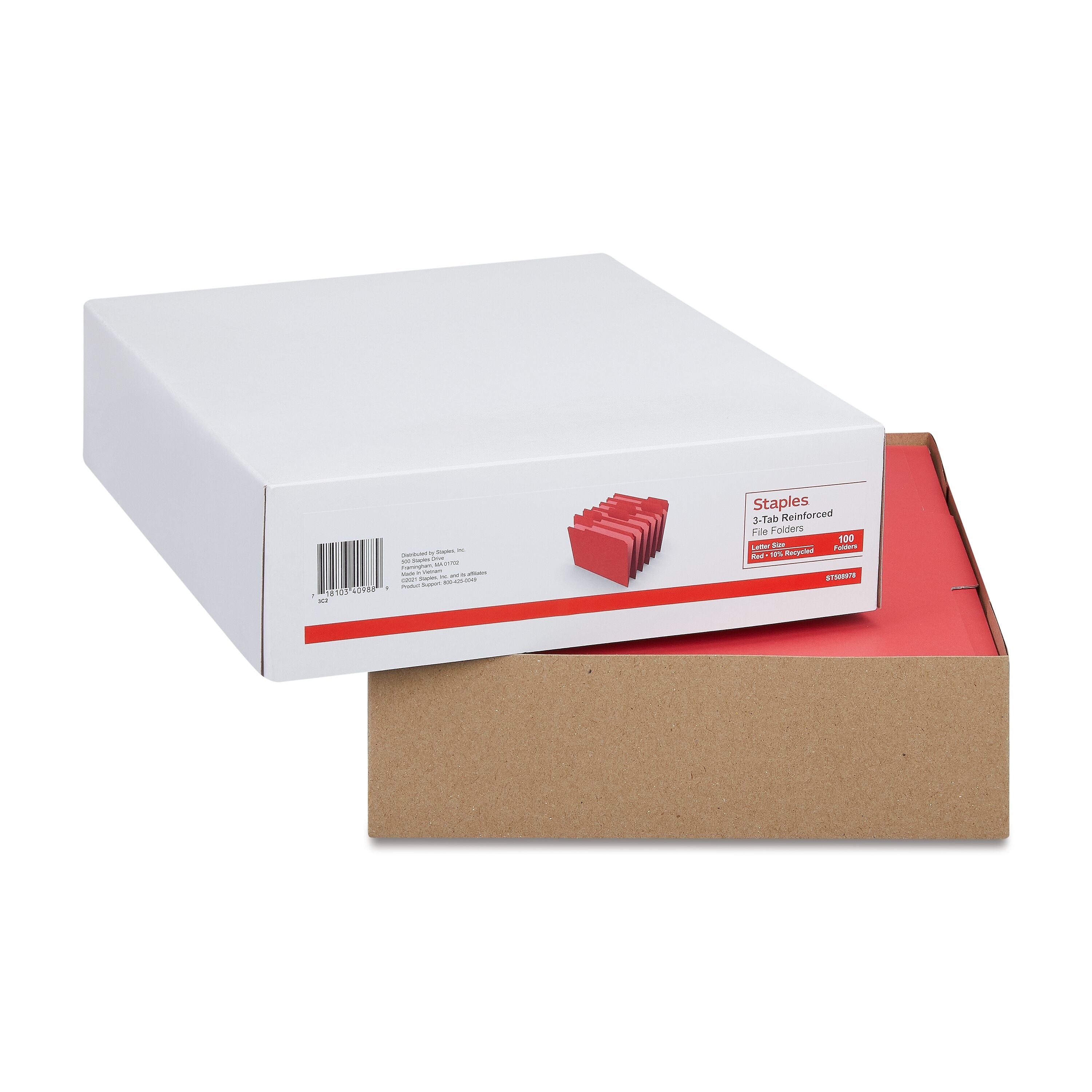 Staples Reinforced File Folders, 1/3-Cut Tab, Letter Size, Red, 100/Box