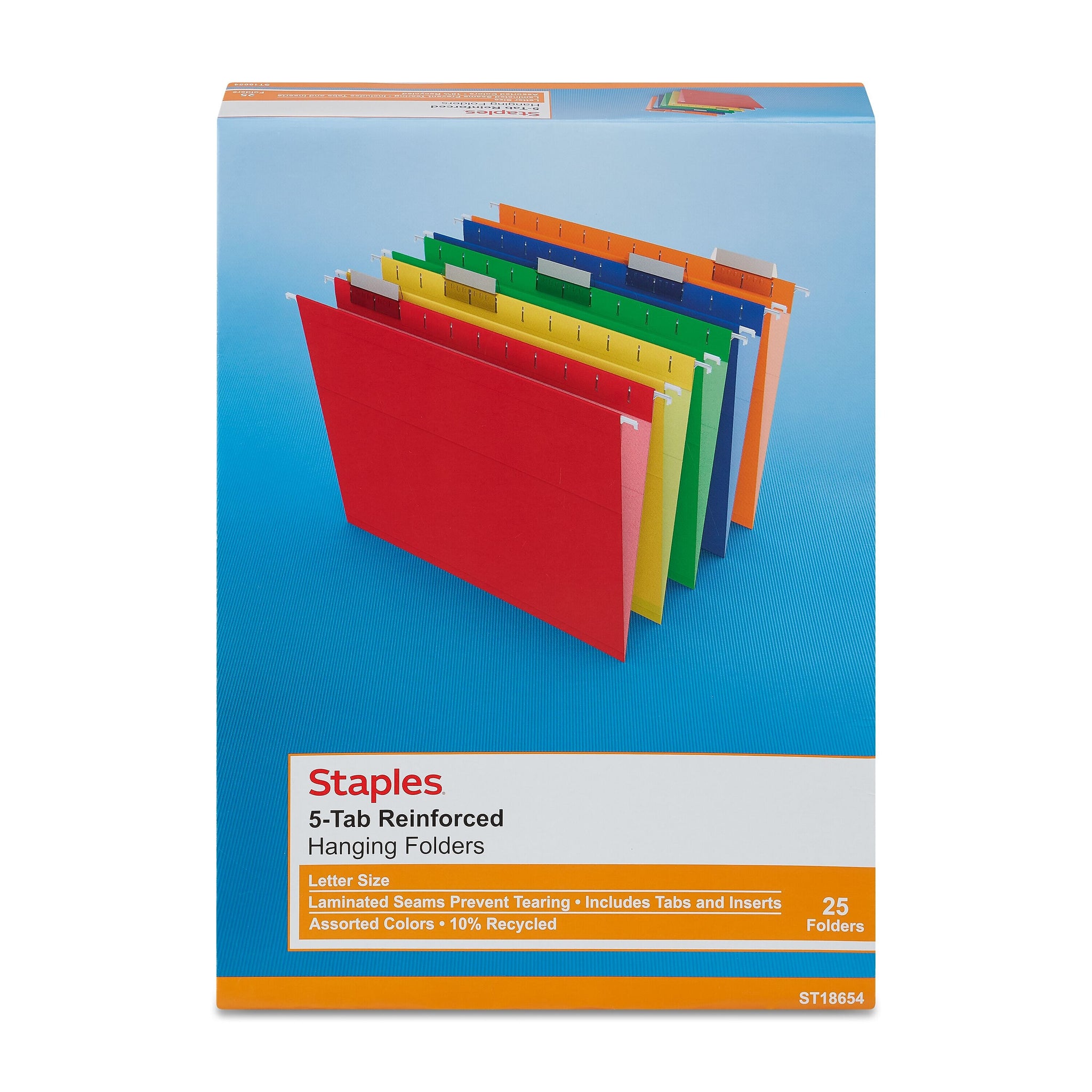 Staples Reinforced Hanging File Folders, 1/5-Cut Tab, Letter Size, Assorted Colors, 25/Box