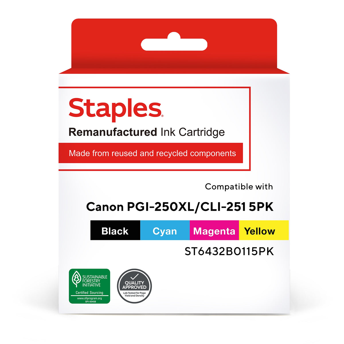 Staples Remanufactured Black High Yield and Photo Black/C/M/Y Standard Ink Replacement for Canon PGI-250XL/CLI-251, 5/Pack