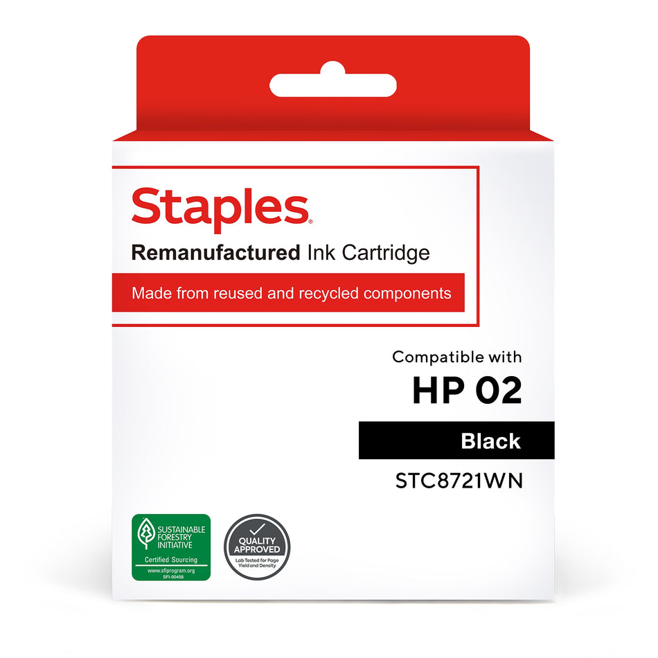 Staples Remanufactured Black High Yield Ink Cartridge Replacement for HP 02