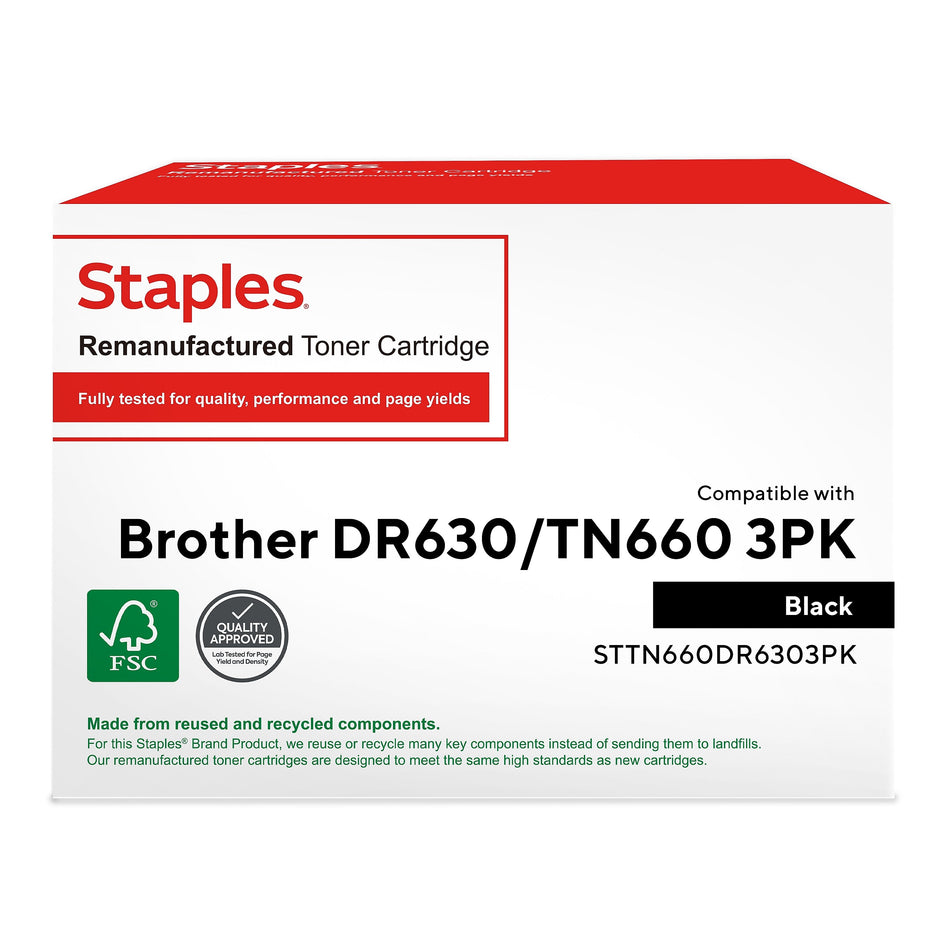 Staples Remanufactured Black High Yield Toner Cartridge & Drum Unit Bundle Replacement for Brother TN-660/DR-630, 3/Pack