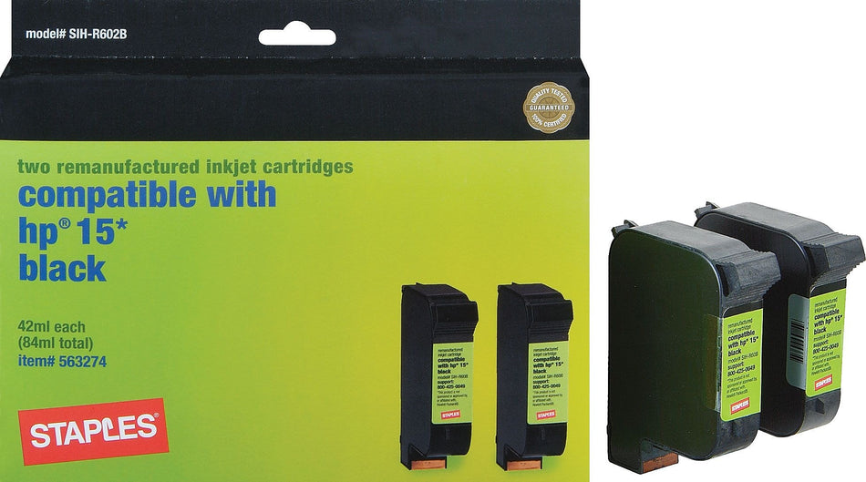 Staples Remanufactured Black Standard Yield Ink Cartridge Replacement for HP 15 , 2/Pack