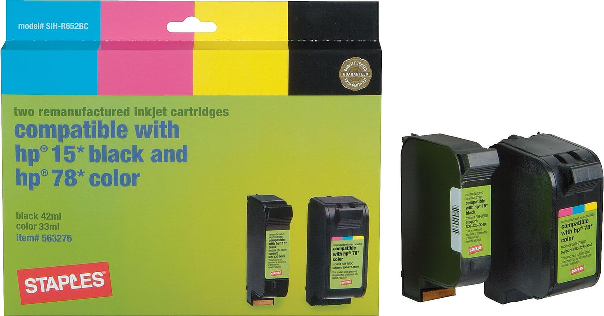 Staples Remanufactured Black Standard Yield Ink Cartridge Replacement for HP 15/78 , 2/Pack