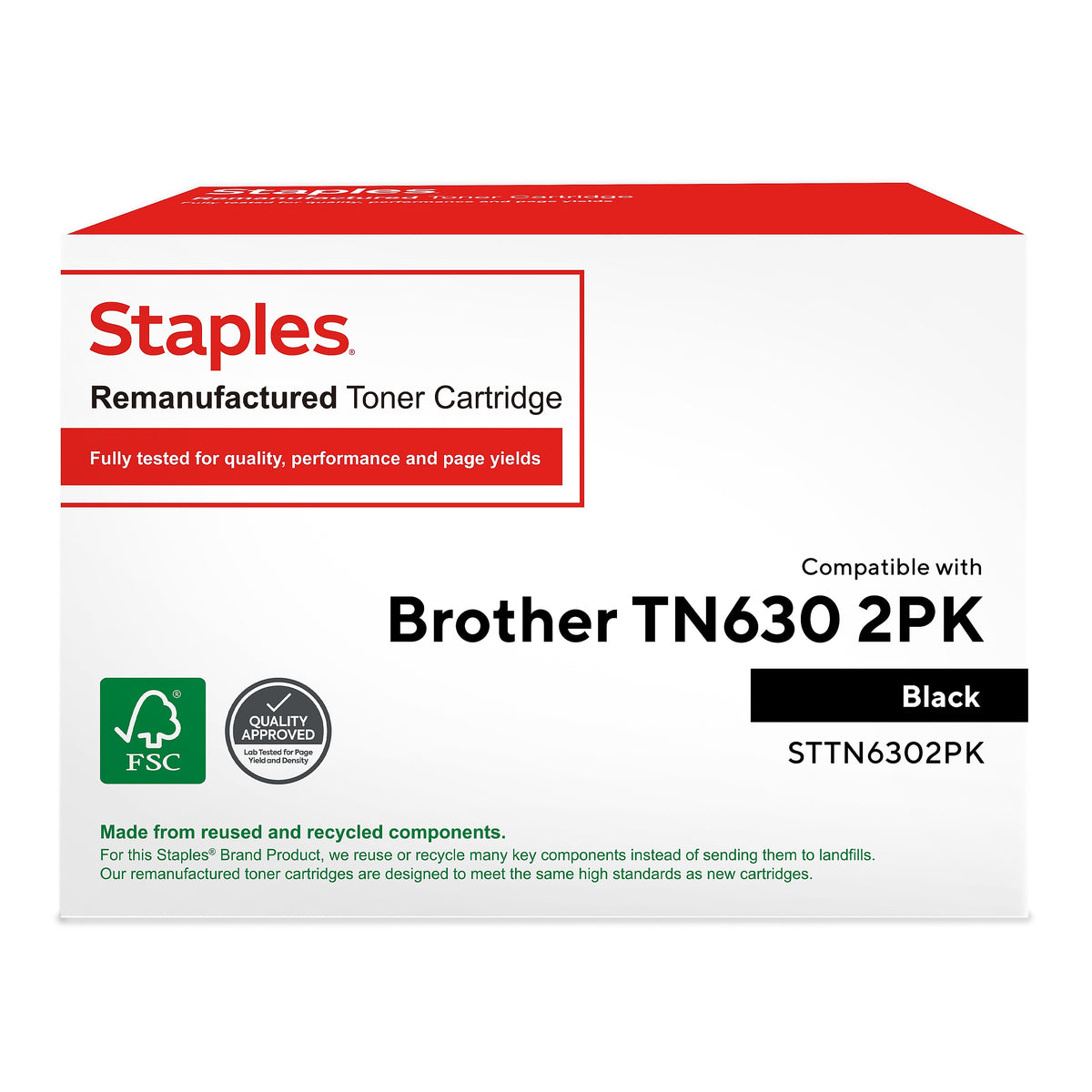 Staples Remanufactured Black Standard Yield Toner Cartridge Replacement for Brother TN630 , 2/Pack