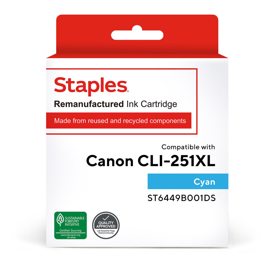 Staples Remanufactured Cyan High Yield Ink Cartridge Replacement for Canon CLI-251XL