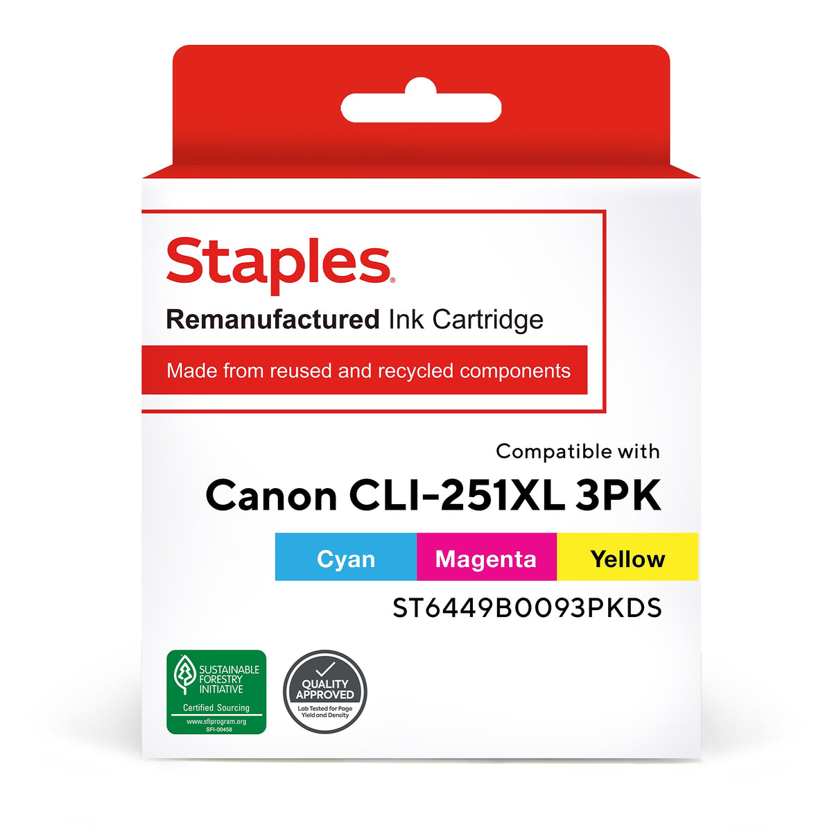 Staples Remanufactured Cyan/Magenta/Yellow High Yield Ink Cartridge Replacement for Canon CLI-251XL , 3/Pack