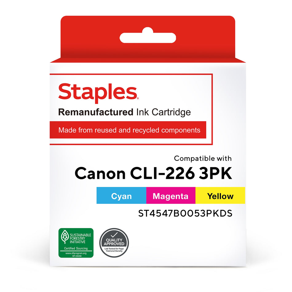 Staples Remanufactured Cyan/Magenta/Yellow Standard Yield Ink Cartridge Replacement for Canon CLI-226 , 3/Pack