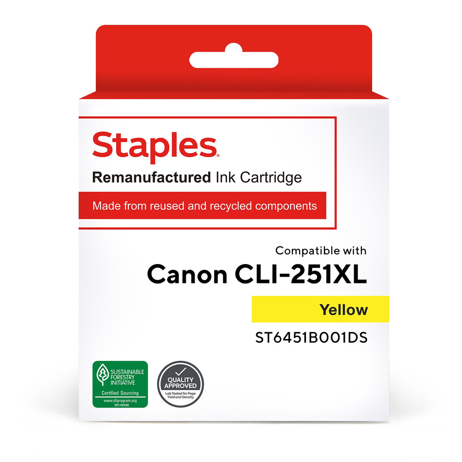 Staples Remanufactured Yellow High Yield Ink Cartridge Replacement for Canon CLI-251Y XL