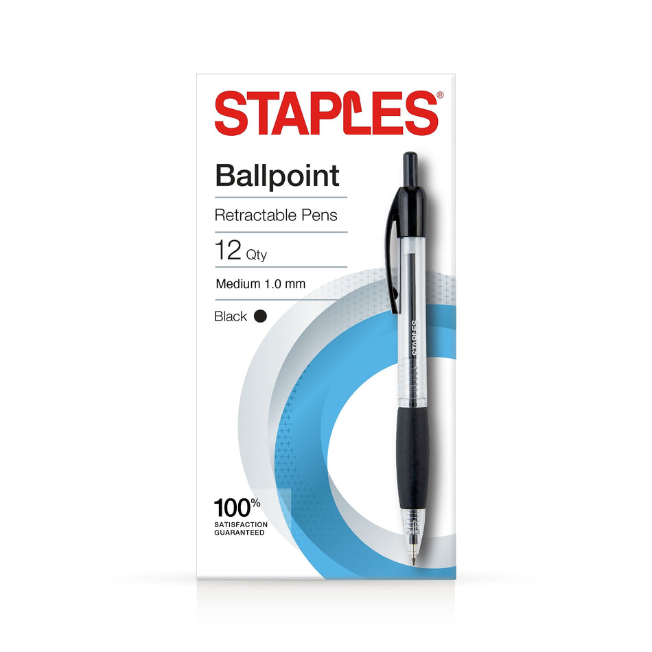 Staples® Retractable Ballpoint Pen, Medium Point, 1.0mm, Black Ink, Dozen