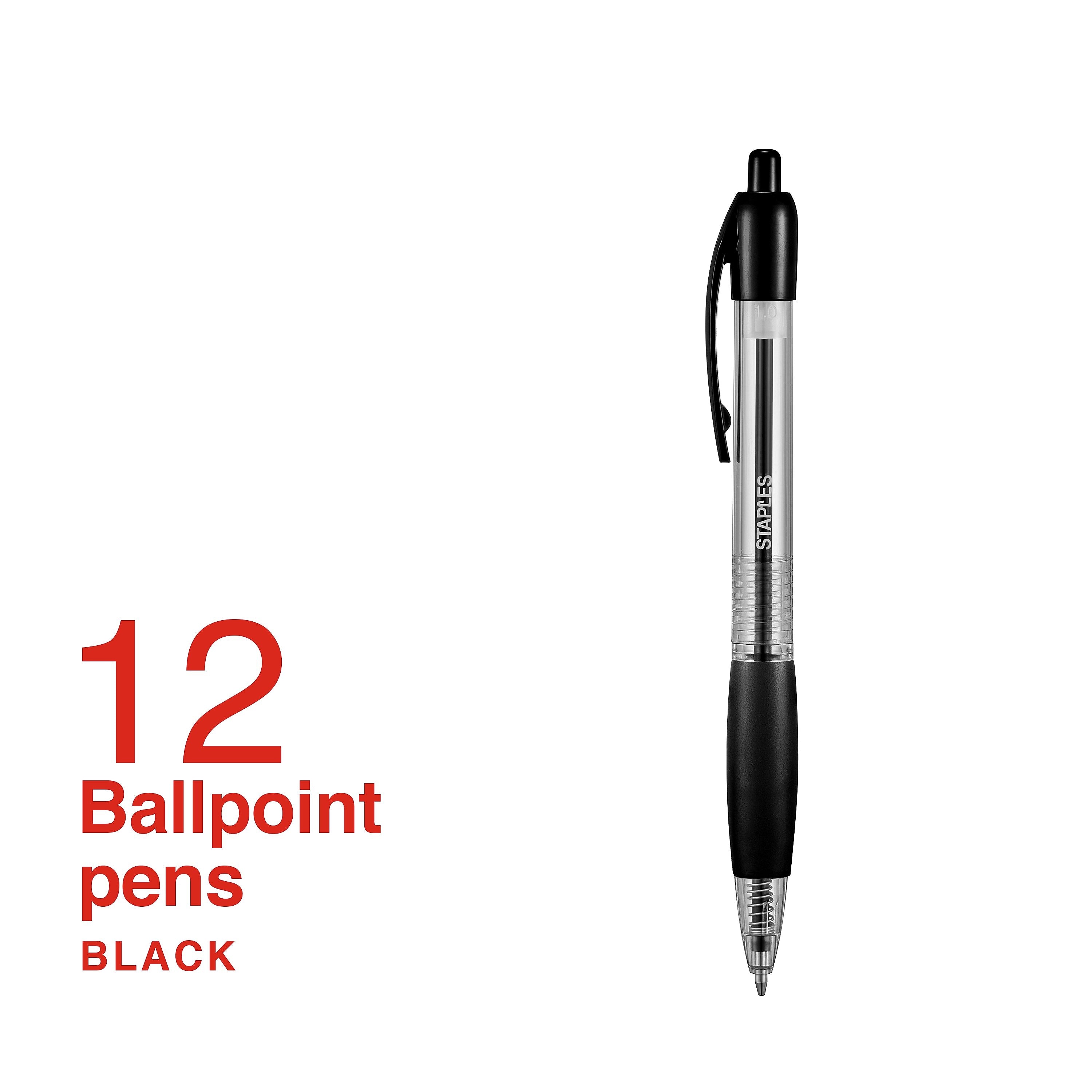 Staples® Retractable Ballpoint Pen, Medium Point, 1.0mm, Black Ink, Dozen