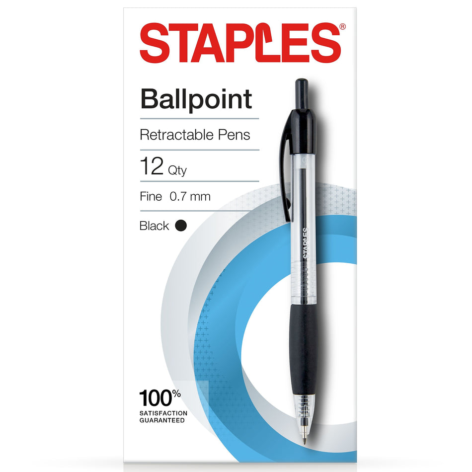 Staples® Retractable Ballpoint Pens, Fine Point, 0.7mm, Black Ink, Dozen