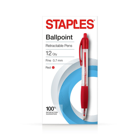 Staples Retractable Ballpoint Pens, Fine Point, Red Ink, Dozen