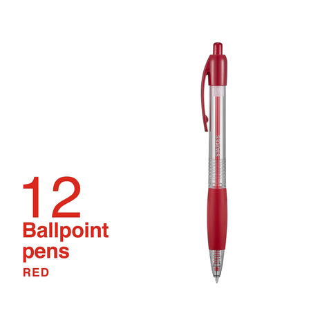 Staples Retractable Ballpoint Pens, Fine Point, Red Ink, Dozen