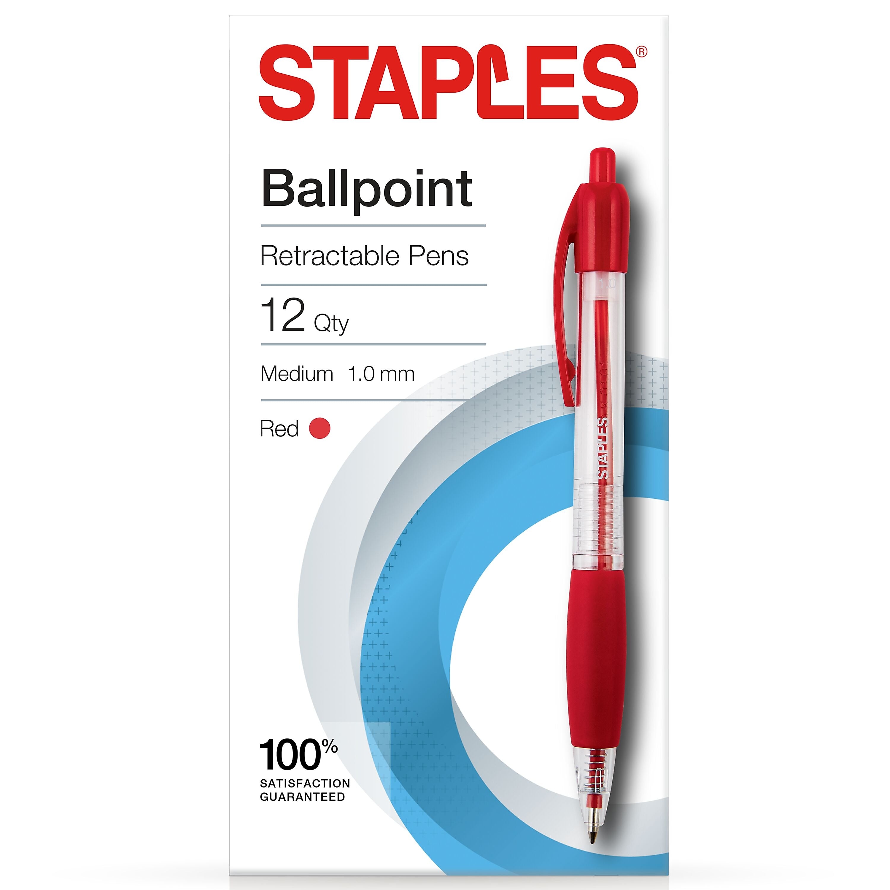 Staples Retractable Ballpoint Pens, Medium Point, Red Ink, Dozen