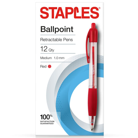 Staples Retractable Ballpoint Pens, Medium Point, Red Ink, Dozen