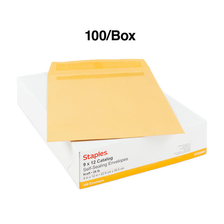 Staples Self Seal Kraft Catalog Envelopes, 9"L x 12"H, Brown, 100/Box