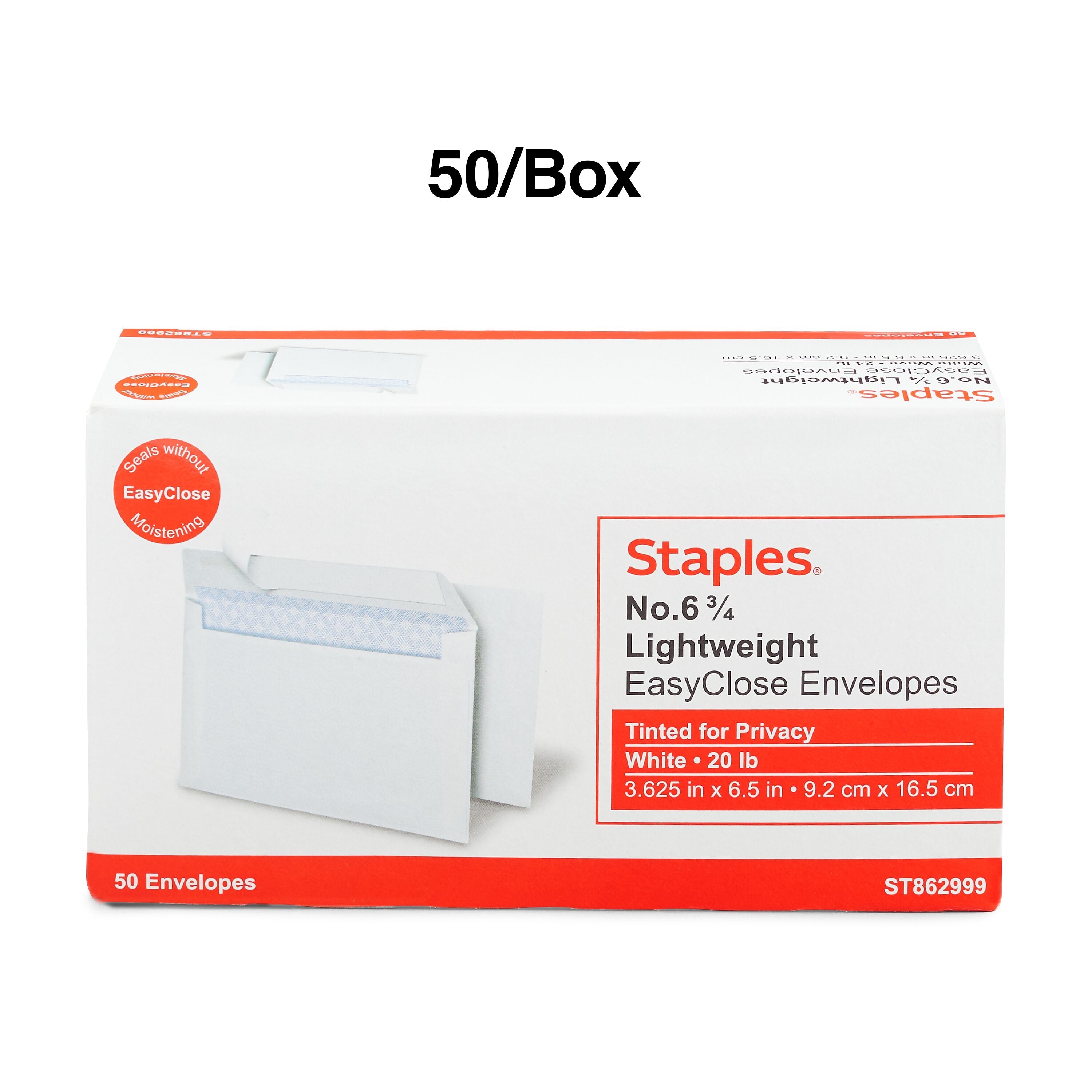 Staples Self Seal Security Tinted #6 3/4 Business Envelopes, 3 5/8" x 6 1/2", White, 50/Box