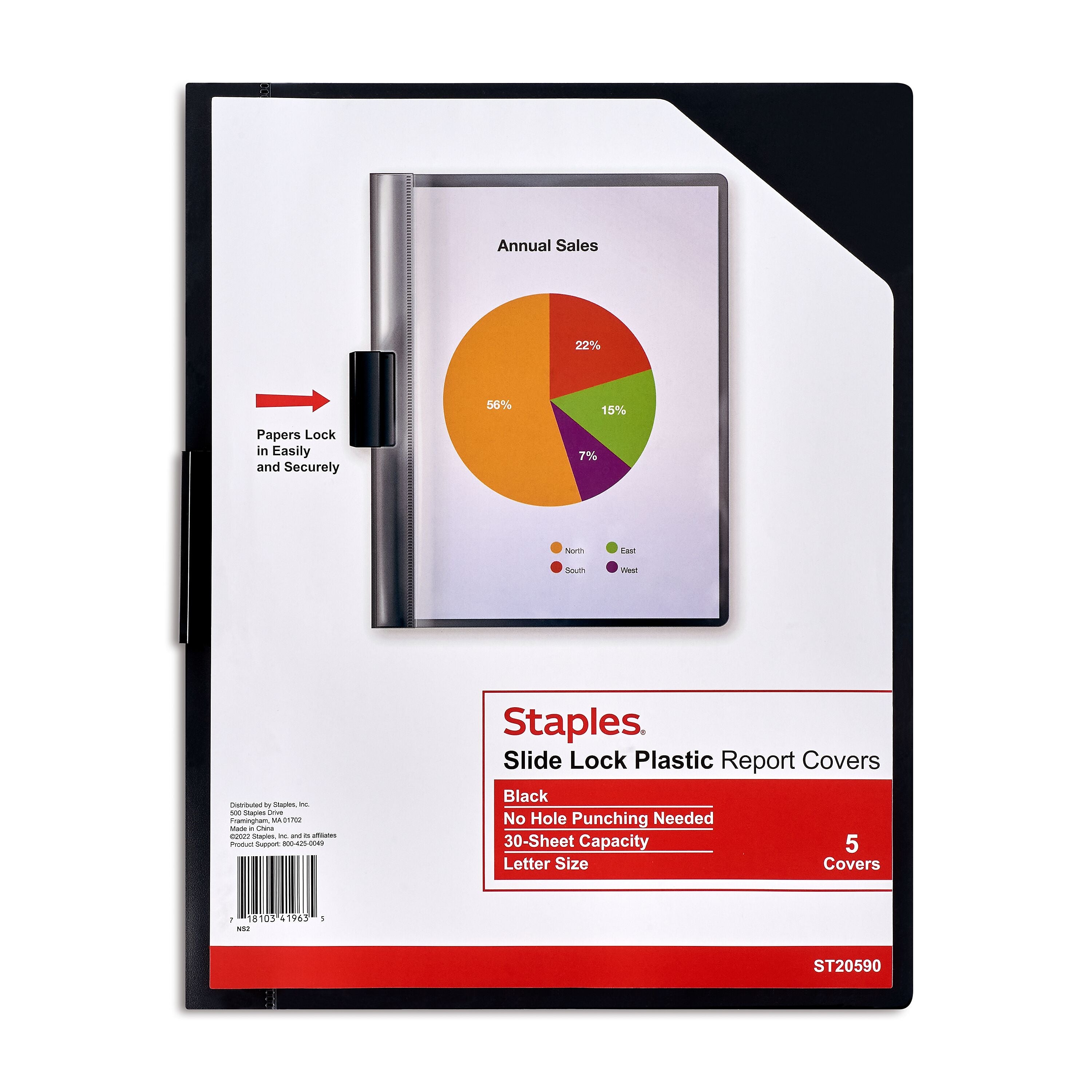 Staples Slide Locking Report Cover, Letter Size, Black, 5/Pack