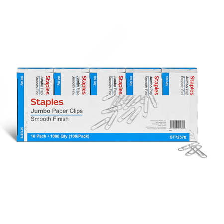 Staples Smooth Paper Clips, Jumbo, Silver, 100/Box, 10 Boxes/Pack