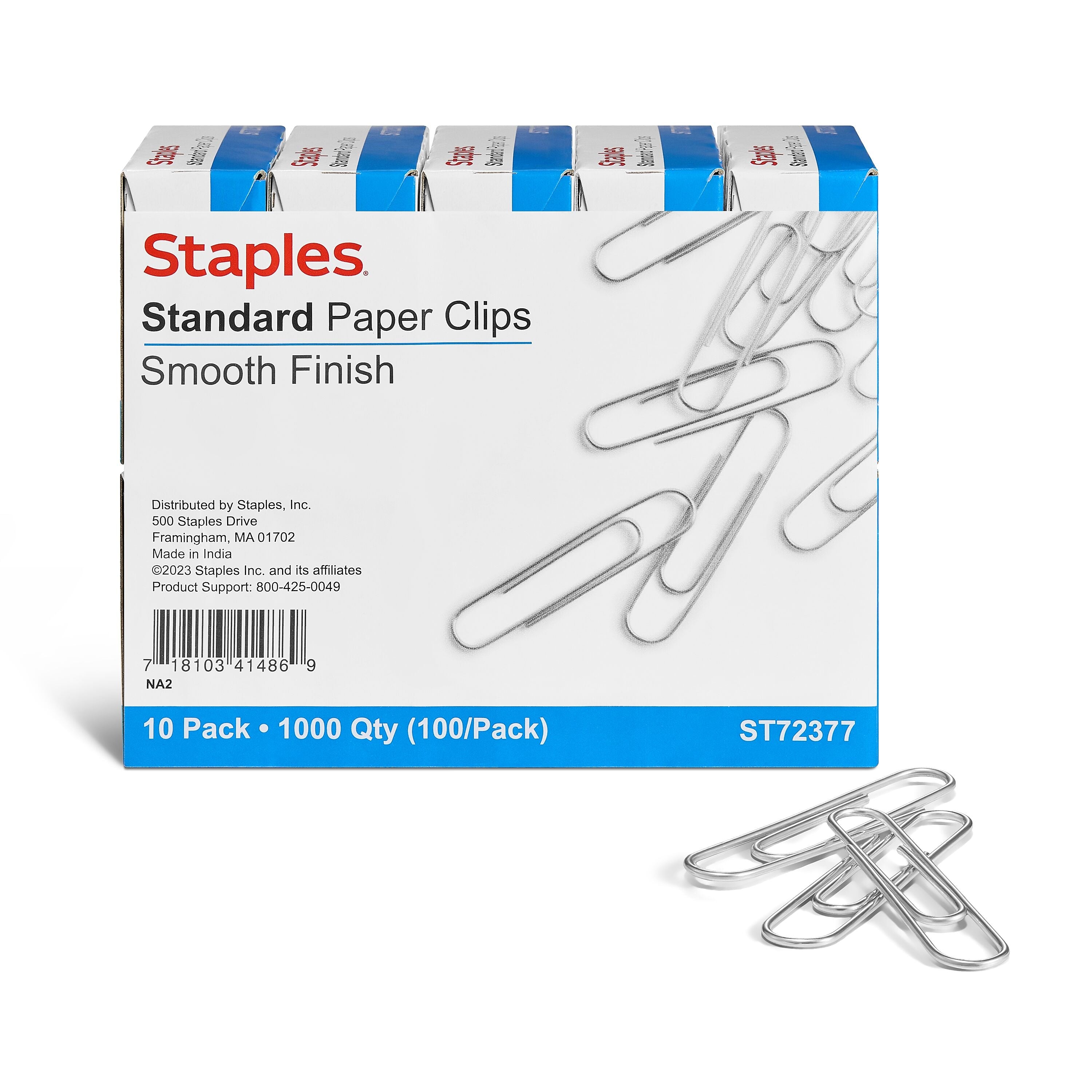 Staples Smooth Paper Clips, Silver, 100/Box, 10 Boxes/Pack