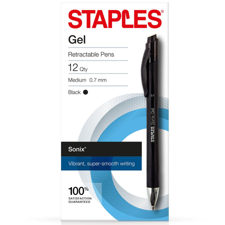 Staples Sonix Retractable Gel Pens, Medium Point, 0.7mm, Black Ink, Dozen