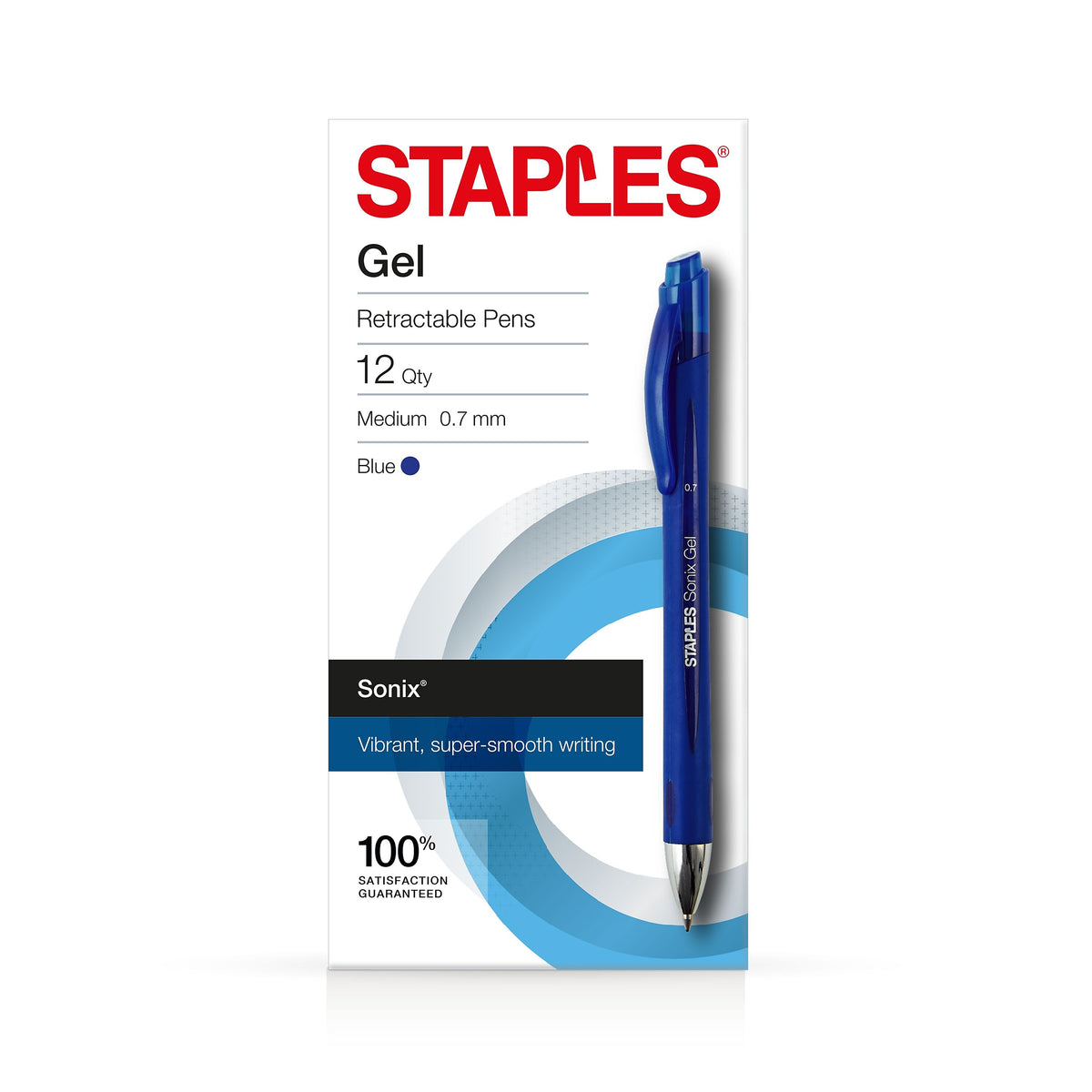 Staples Sonix Retractable Gel Pens, Medium Point, 0.7mm, Blue Ink, Dozen