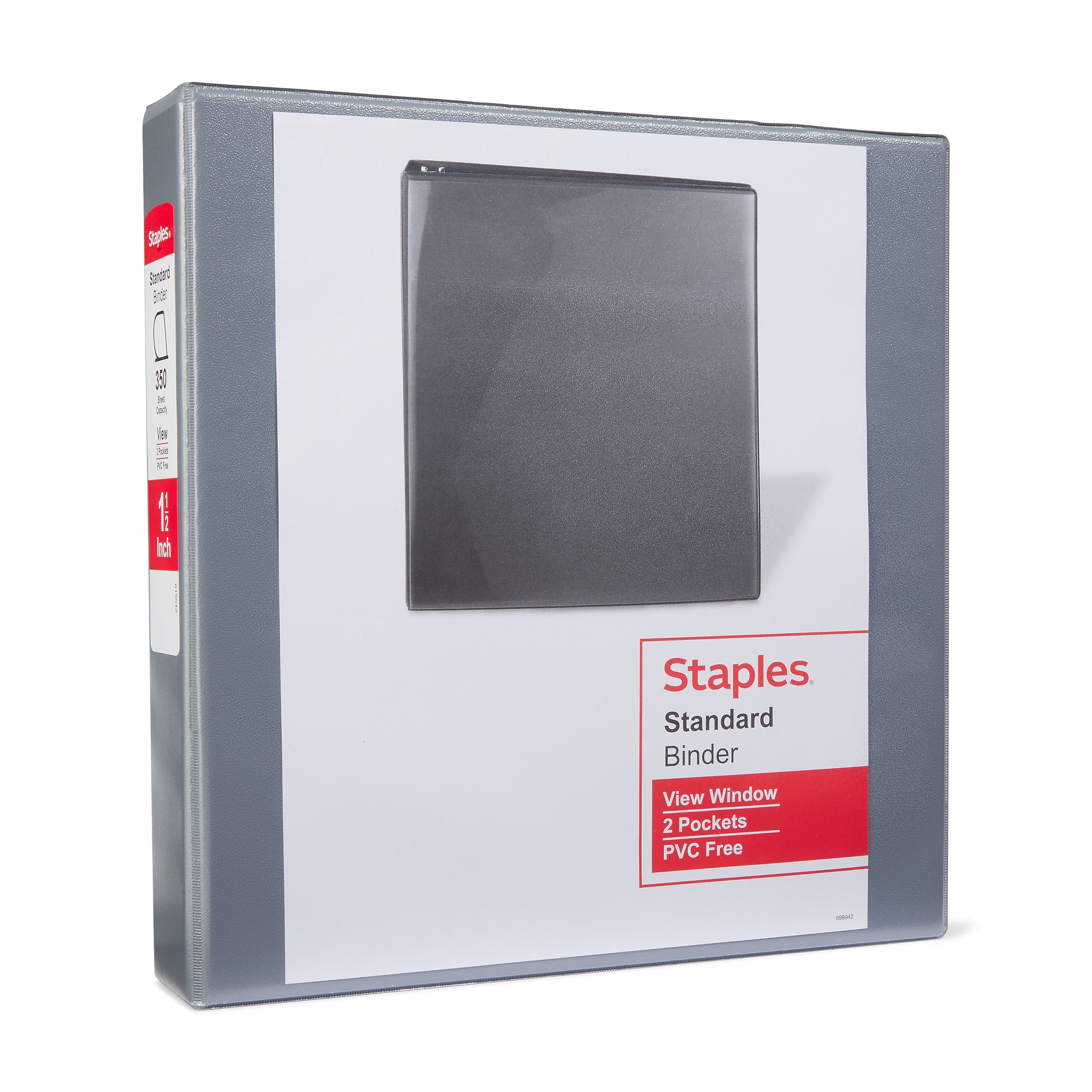 Staples Standard 1 1/2" 3-Ring View Binder, Gray