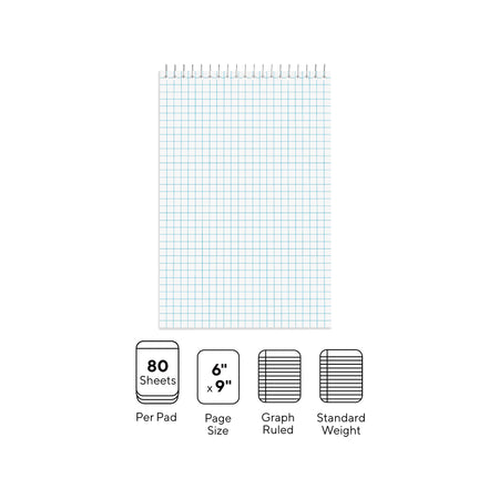 Staples Steno Pads, 6" x 9", Graph Ruled, White, 80 Sheets/Pad, 6 Pads/Pack