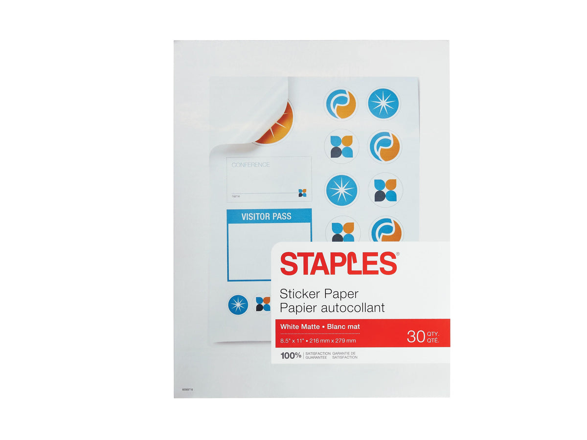 Staples Sticker Paper, 8.5" x 11", White Matte, 30/Pack