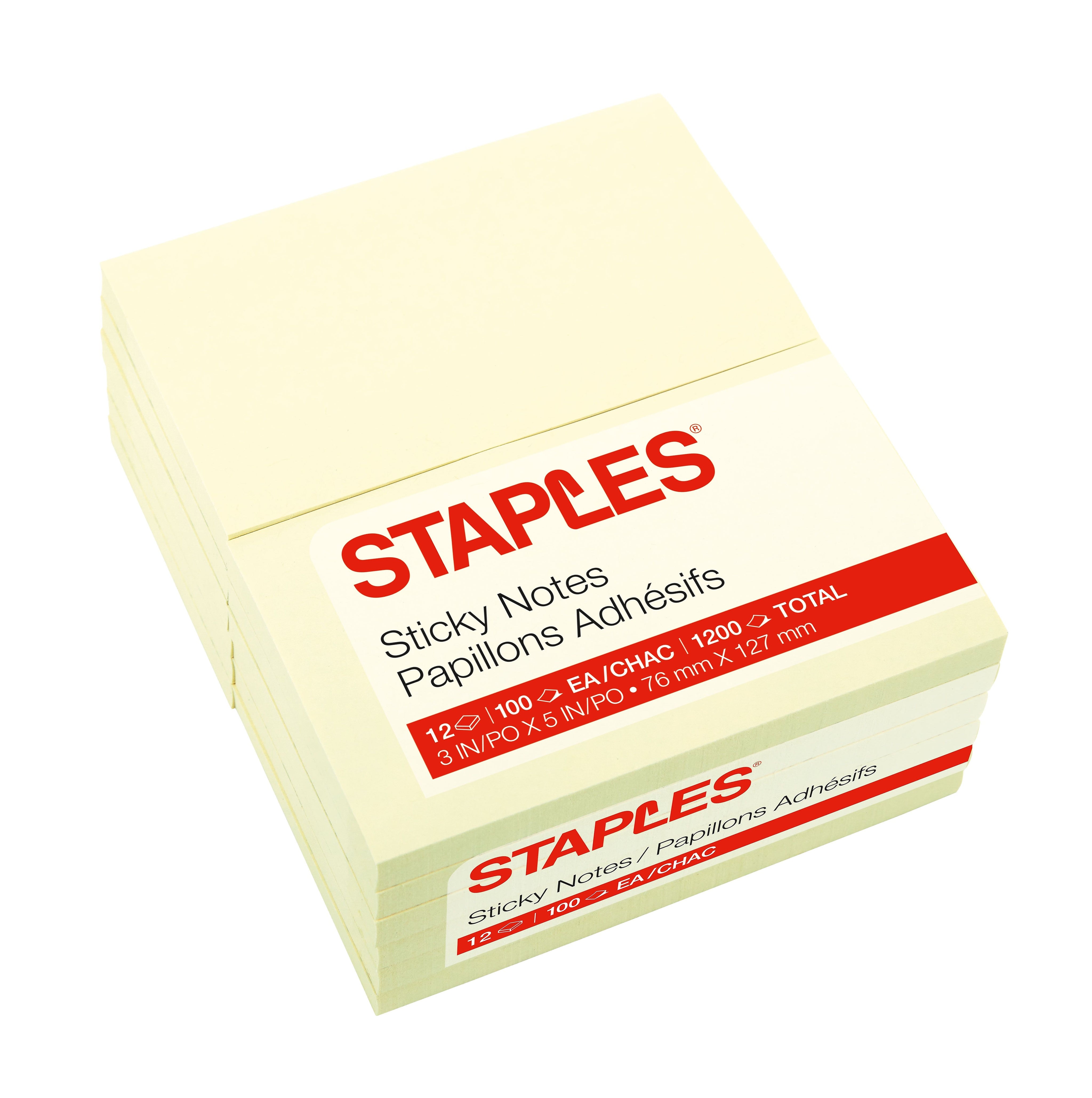 Staples® Stickies Recycled Notes, 3" x 5", Yellow, 100 Sheet/Pad, 12 Pads/Pack
