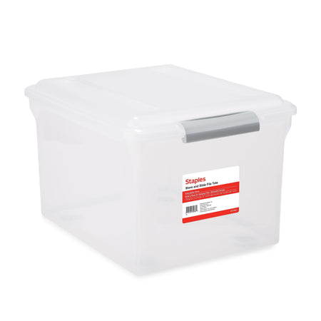 Staples Store & Slide Hanging File Box, Latch Lid, Letter/Legal Size, Clear