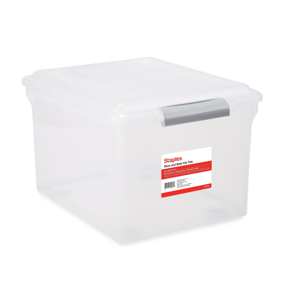 Staples Store & Slide Hanging File Box, Latch Lid, Letter/Legal Size, Clear