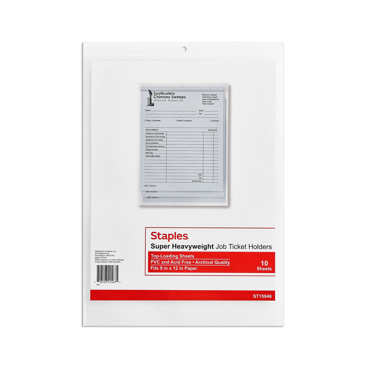 Staples Super Heavy Weight Job Ticket Holder, 9" x 12", Clear, 10/Pack