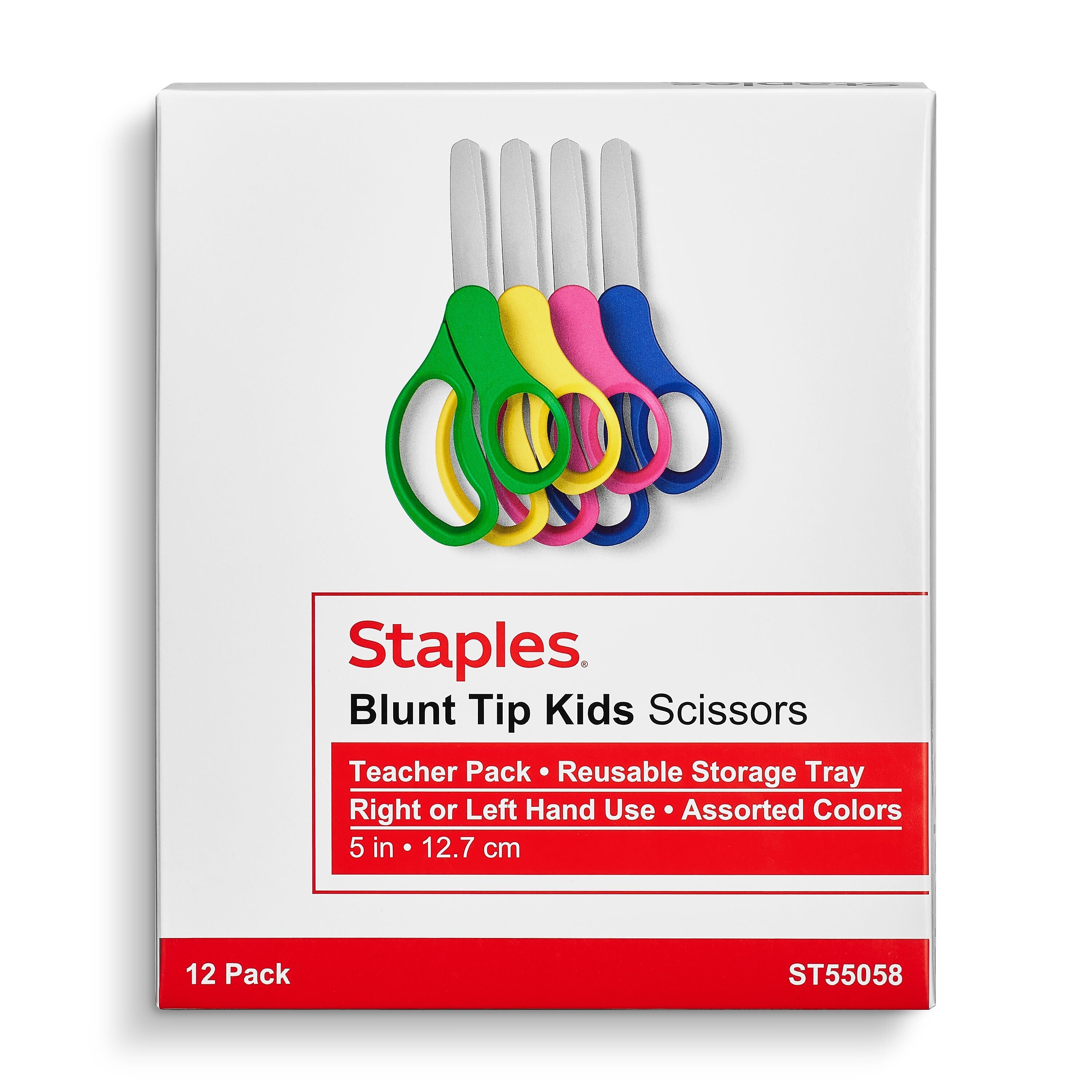 Staples Teacher Pack 5" Kids Blunt Tip Stainless Steel Scissors, Straight Handle, Right and Left Handed, 12/Pack