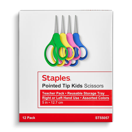 Staples Teacher Pack 5" Kids Pointed Tip Stainless Steel Scissors, Straight Handle, Right & Left Handed, 12/Pack