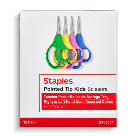 Staples Teacher Pack 5" Kids Pointed Tip Stainless Steel Scissors, Straight Handle, Right & Left Handed, 12/Pack