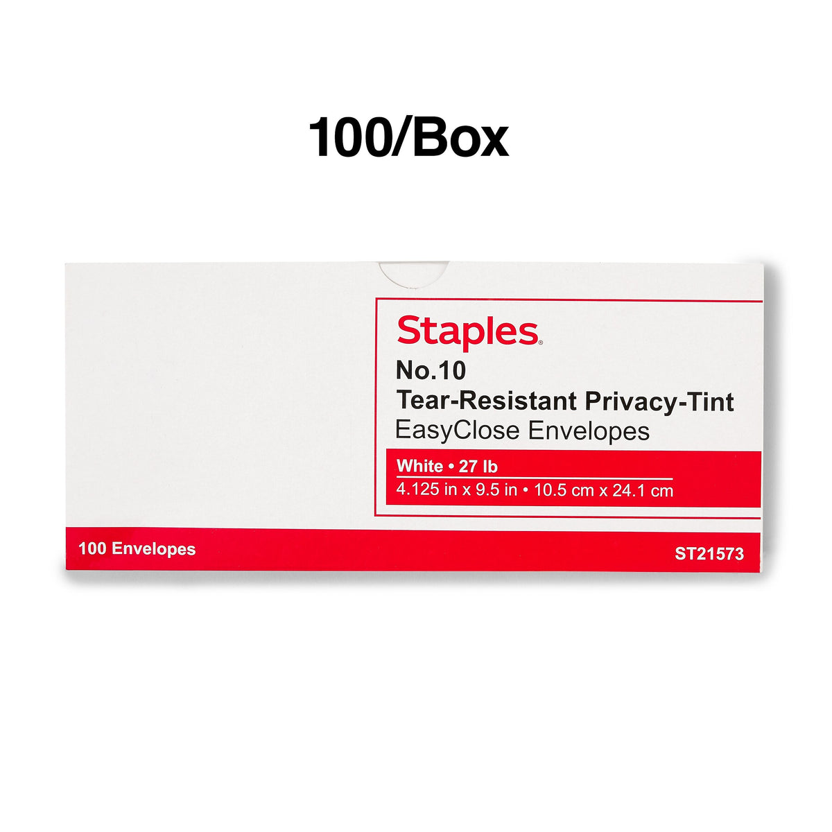 Staples Tear-Resistant EasyClose Security Tinted #10 Business Envelopes, 4 1/8" x 9 1/2", White, 100/Box