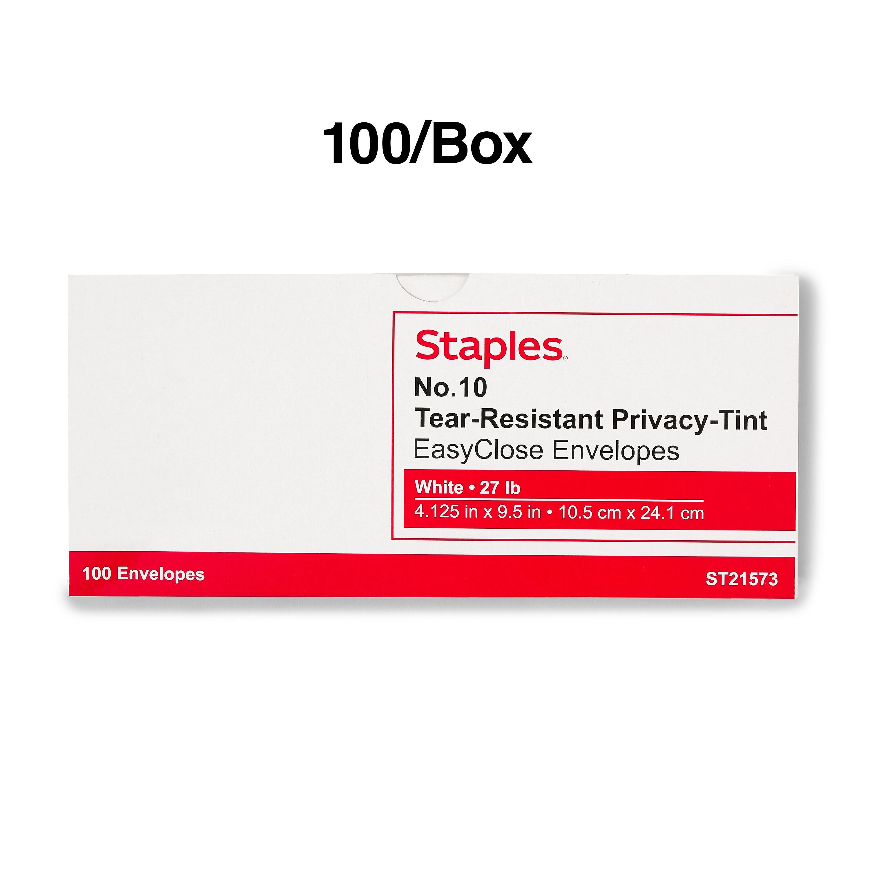 Staples Tear-Resistant EasyClose Security Tinted #10 Business Envelopes, 4 1/8" x 9 1/2", White, 100/Box