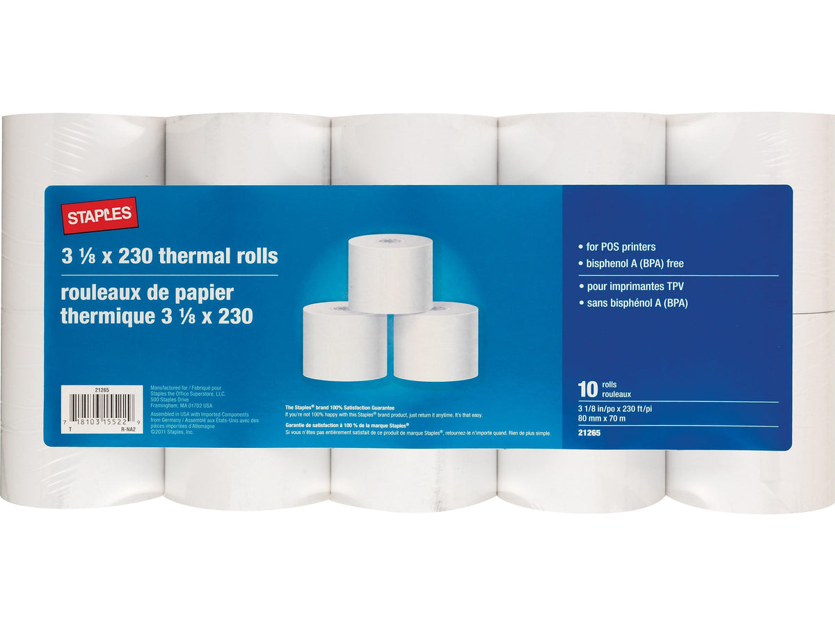 Staples Thermal Cash Register/POS Rolls, 1-Ply, 3 1/8" x 230', 10/Pack