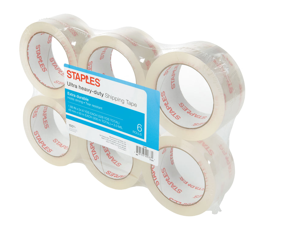 Staples® Ultra Heavy Duty Shipping Packing Tape, 1.88" x 54.6 Yds, Clear, 6/Rolls