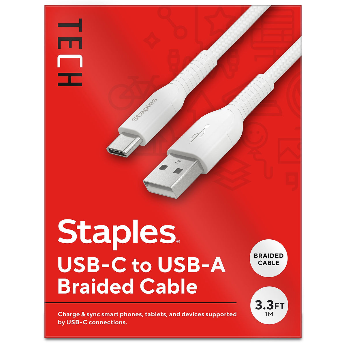 Staples® USB-C to USB-A Charging Cable, 3.3 ft., White