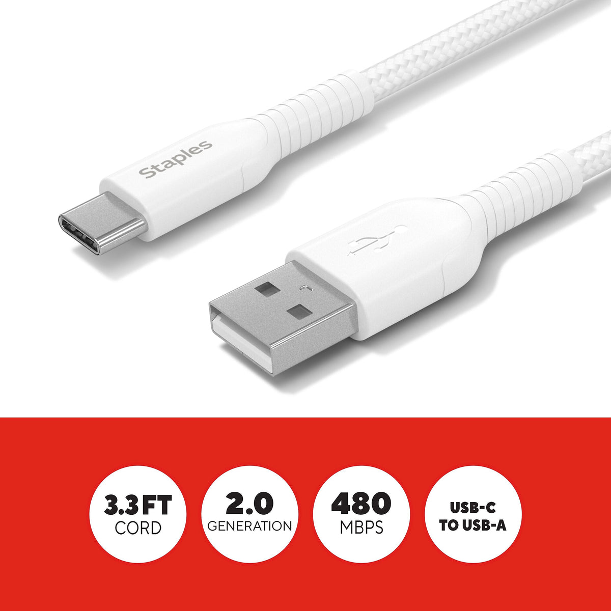 Staples® USB-C to USB-A Charging Cable, 3.3 ft., White