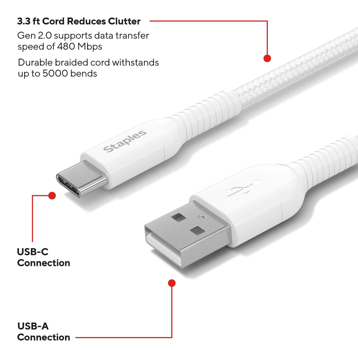 Staples® USB-C to USB-A Charging Cable, 3.3 ft., White