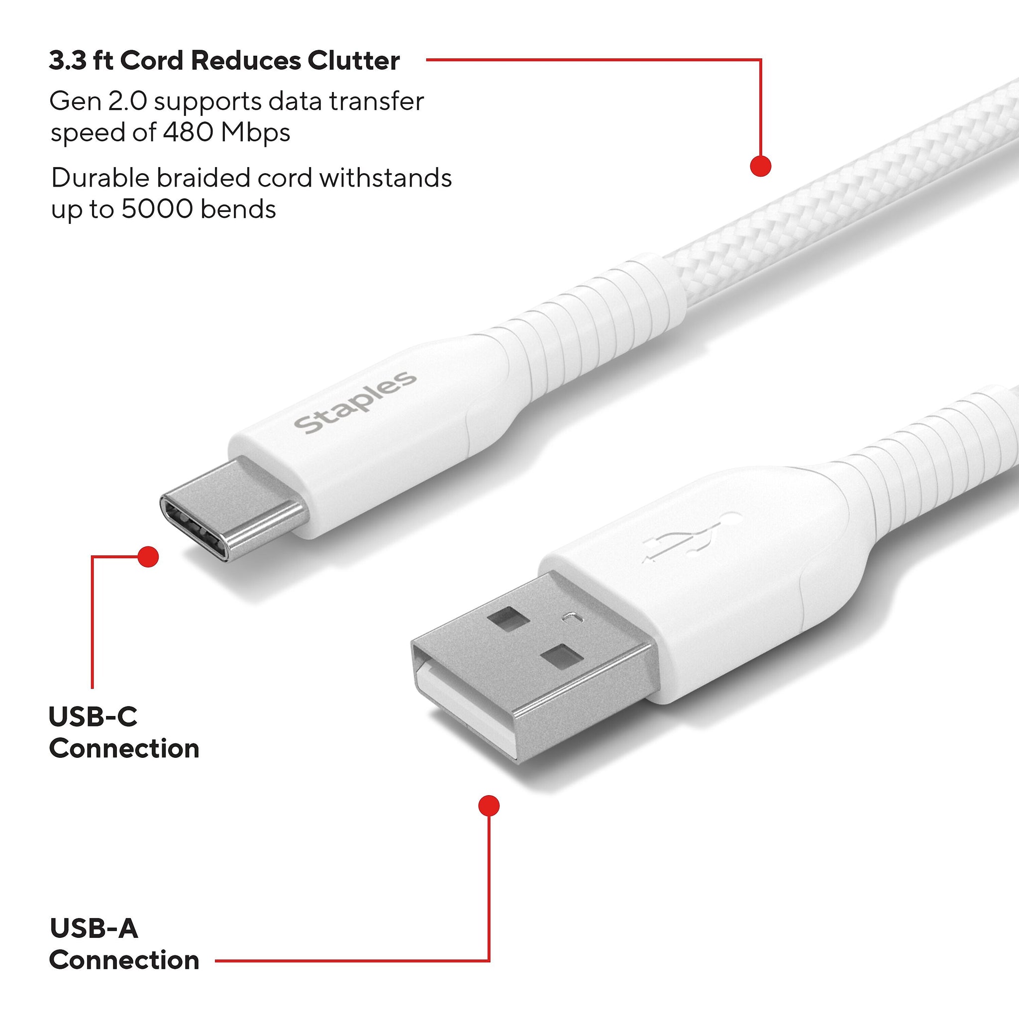 Staples® USB-C to USB-A Charging Cable, 3.3 ft., White