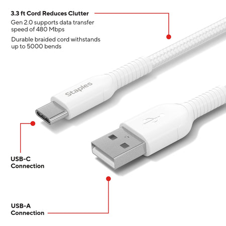 Staples® USB-C to USB-A Charging Cable, 3.3 ft., White