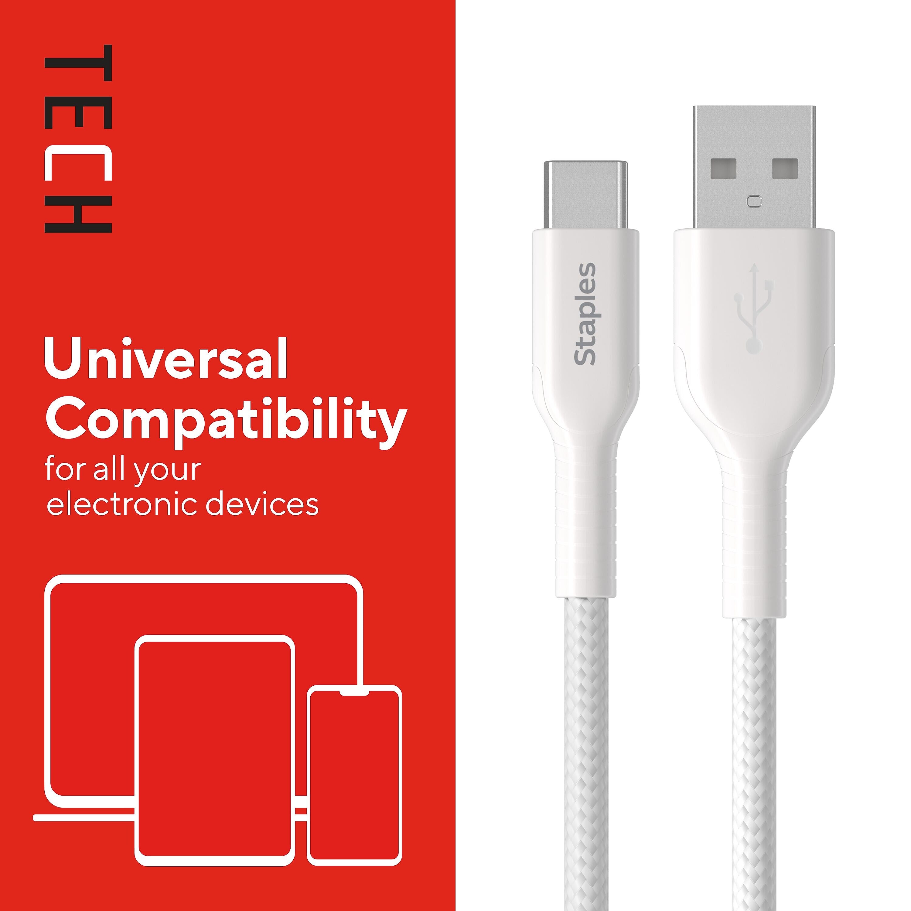 Staples® USB-C to USB-A Charging Cable, 3.3 ft., White